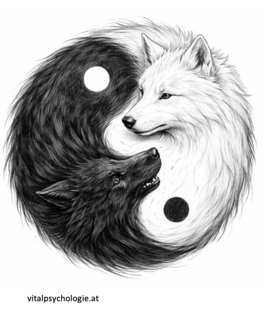 Weißer und schwarzer Wolf